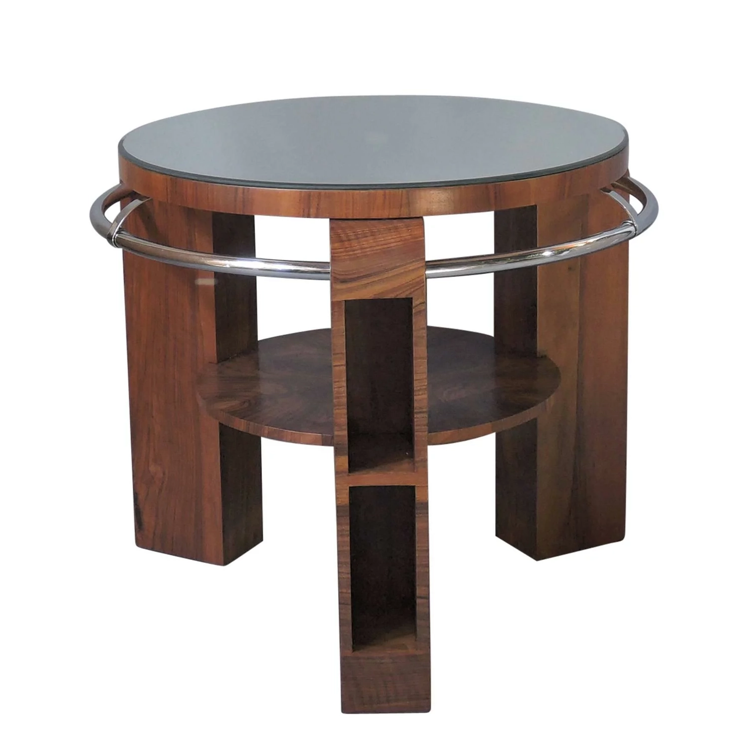 A Fine French Art Deco Walnut and Chrome Two-Tiered Gueridon