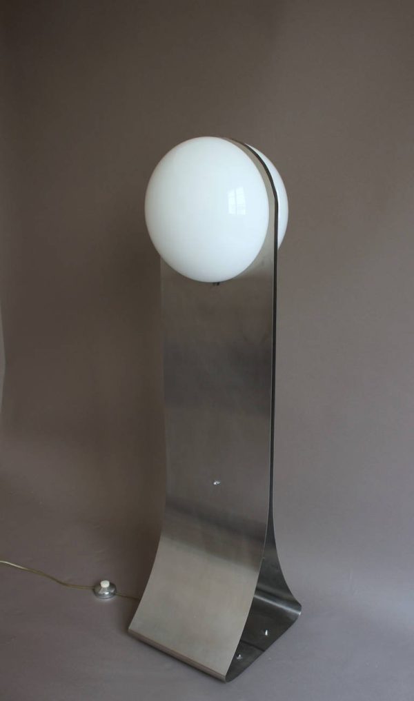 French 1970s Stainless Steel and White Glass Floor Lamp - Image 3