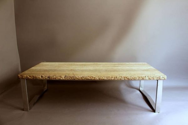 A Large French 1970s Metal Frame Coffee Table with a Travertine - Image 5