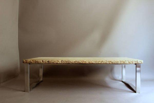 A Large French 1970s Metal Frame Coffee Table with a Travertine - Image 6