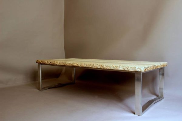 A Large French 1970s Metal Frame Coffee Table with a Travertine - Image 7