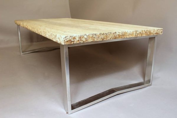 A Large French 1970s Metal Frame Coffee Table with a Travertine - Image 8