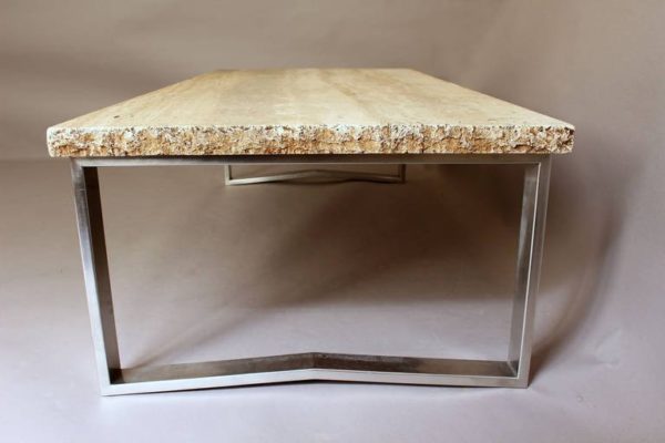 A Large French 1970s Metal Frame Coffee Table with a Travertine - Image 9