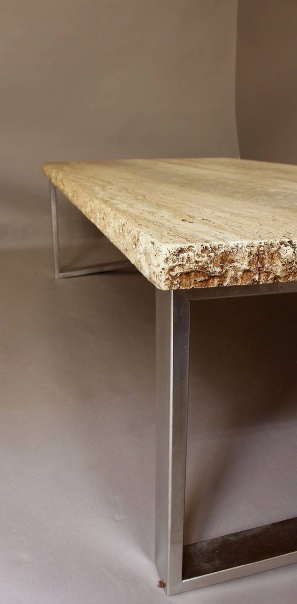 A Large French 1970s Metal Frame Coffee Table with a Travertine - Image 10