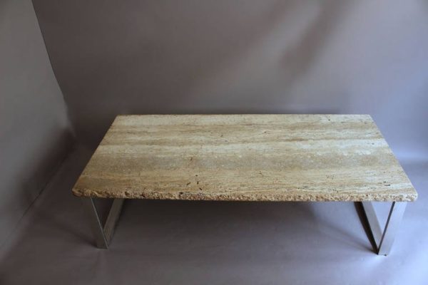 A Large French 1970s Metal Frame Coffee Table with a Travertine - Image 2