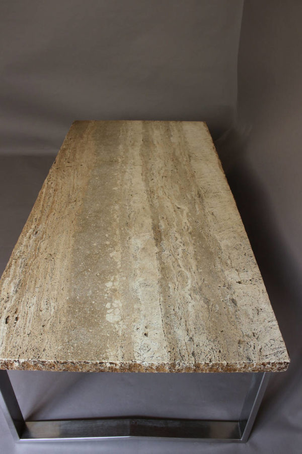 A Large French 1970s Metal Frame Coffee Table with a Travertine - Image 3