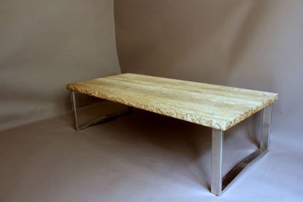 A Large French 1970s Metal Frame Coffee Table with a Travertine - Image 4