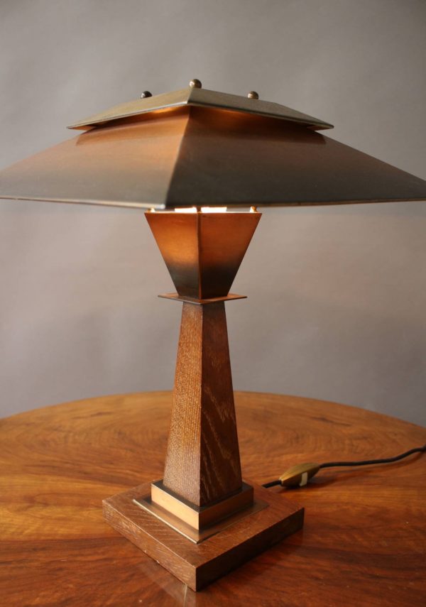 A Fine French Art Deco Oak and Copper Table Lamp by Emile Jacot - Image 6