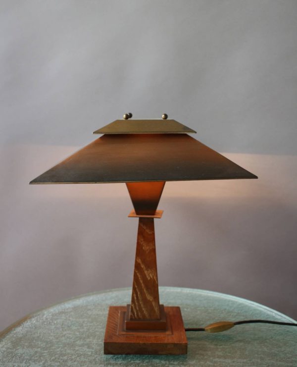 A Fine French Art Deco Oak and Copper Table Lamp by Emile Jacot - Image 2