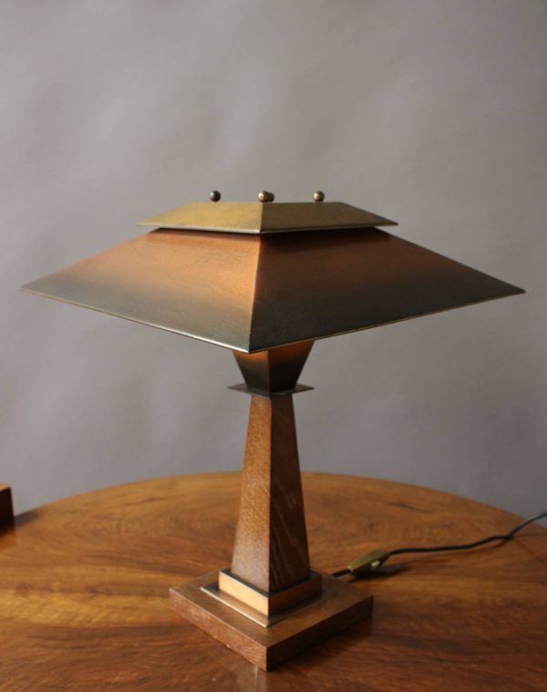 A Fine French Art Deco Oak and Copper Table Lamp by Emile Jacot - Image 5