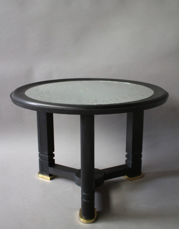 A French Art Deco Blackened Wood and Etched Glass Gueridon - Image 2