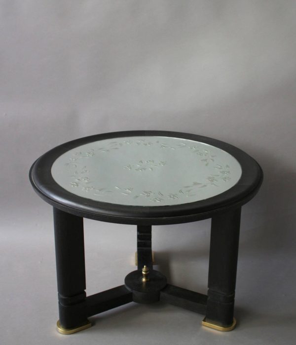 A French Art Deco Blackened Wood and Etched Glass Gueridon - Image 3