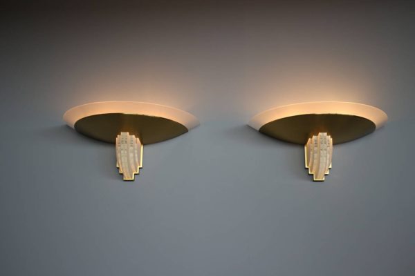 Pair of French Art Deco Brass and Glass Sconces by Jean Perzel - Image 2