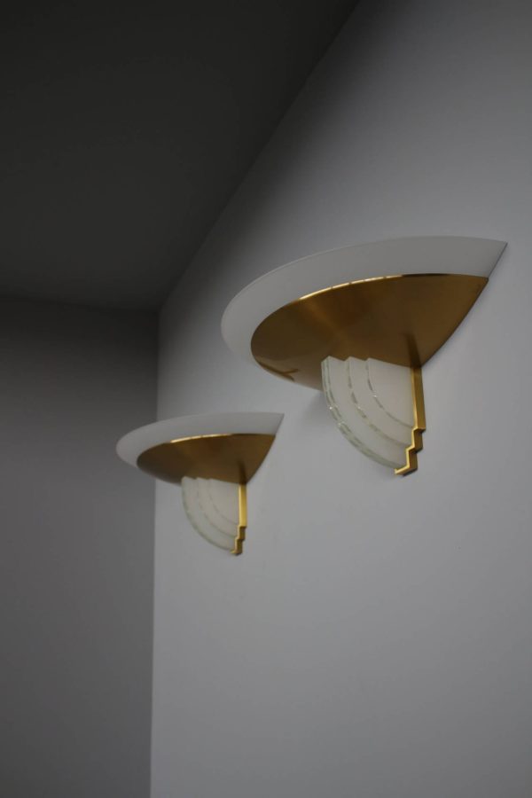 Pair of French Art Deco Brass and Glass Sconces by Jean Perzel - Image 5