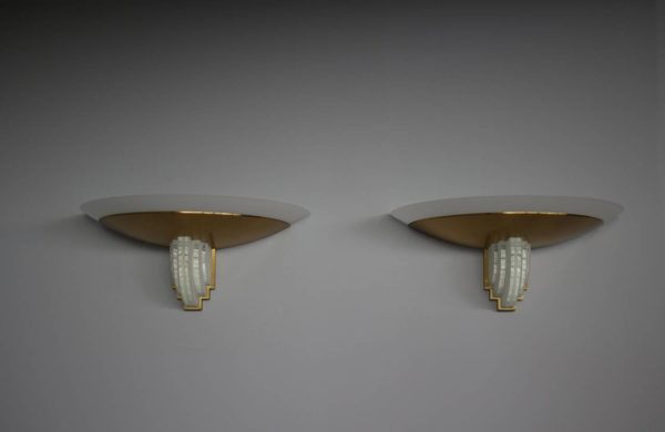 Pair of French Art Deco Brass and Glass Sconces by Jean Perzel - Image 10