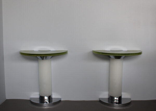 Pair of rare 1930s Illuminated Glass and Chrome Consoles by Jean Perzel - Image 2