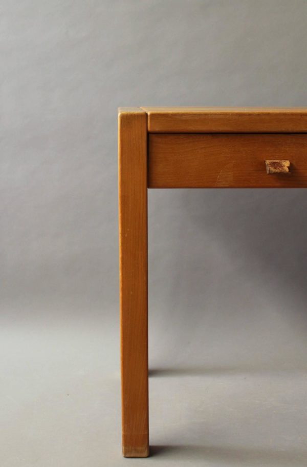 French 1950s Two Drawers Oak Desk with Leather Pulls - Image 6