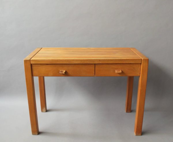 French 1950s Two Drawers Oak Desk with Leather Pulls - Image 9