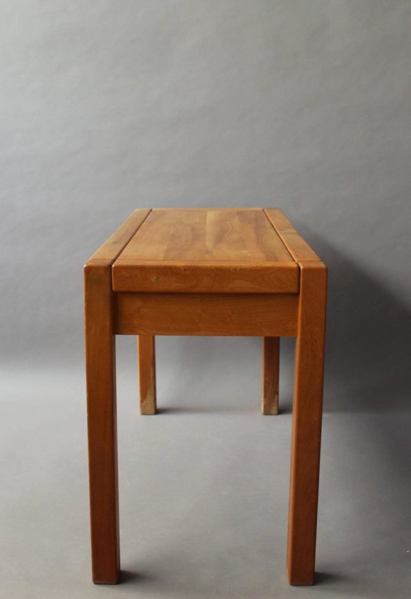 French 1950s Two Drawers Oak Desk with Leather Pulls - Image 3