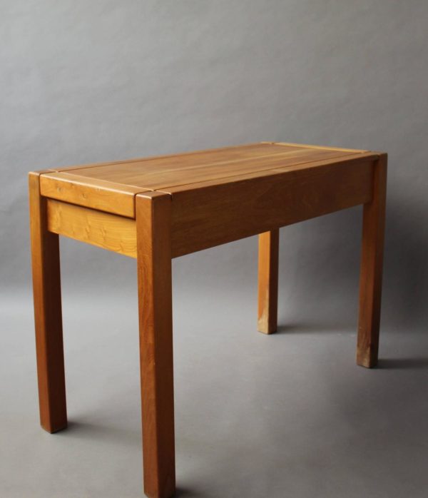 French 1950s Two Drawers Oak Desk with Leather Pulls - Image 4