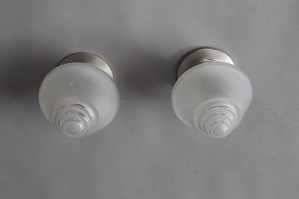 2 Fine French Art Deco Frosted Glass and Chrome Flush Mounts - Image 2