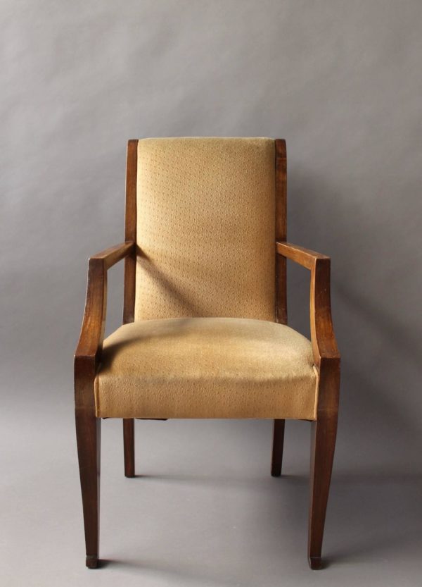 4 French Art Deco Walnut Bridge Armchairs - Image 2