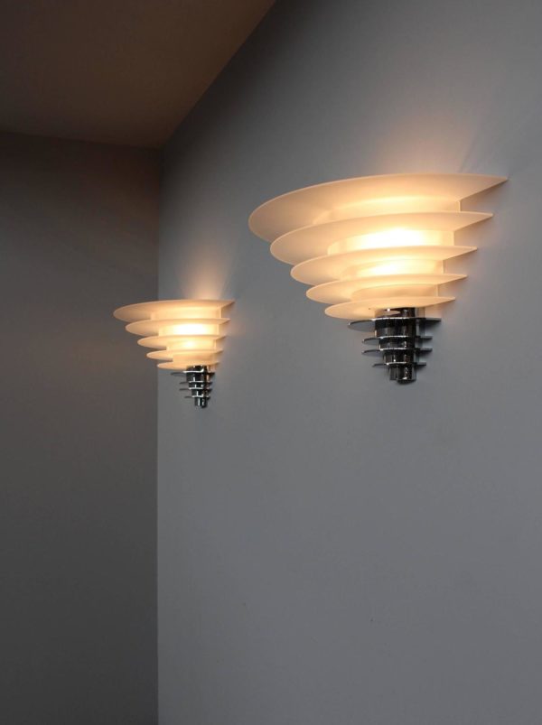 A Pair of Fine French Art Deco Chrome and Glass Wall Lights by Jean Perzel - Image 7