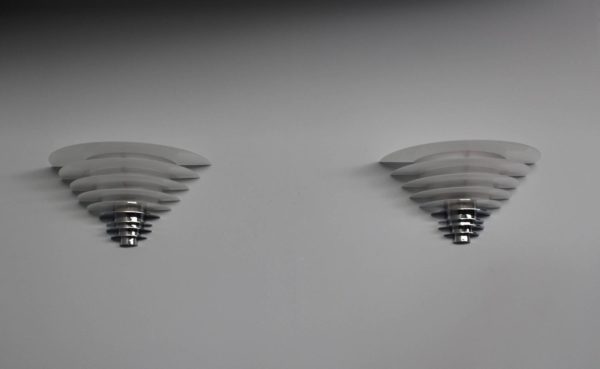 A Pair of Fine French Art Deco Chrome and Glass Wall Lights by Jean Perzel - Image 9