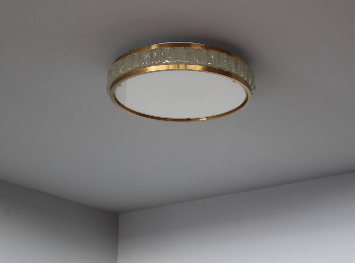 Two Fine French Art Deco Round Glass and Brass Flush Mount by Perzel - Image 7