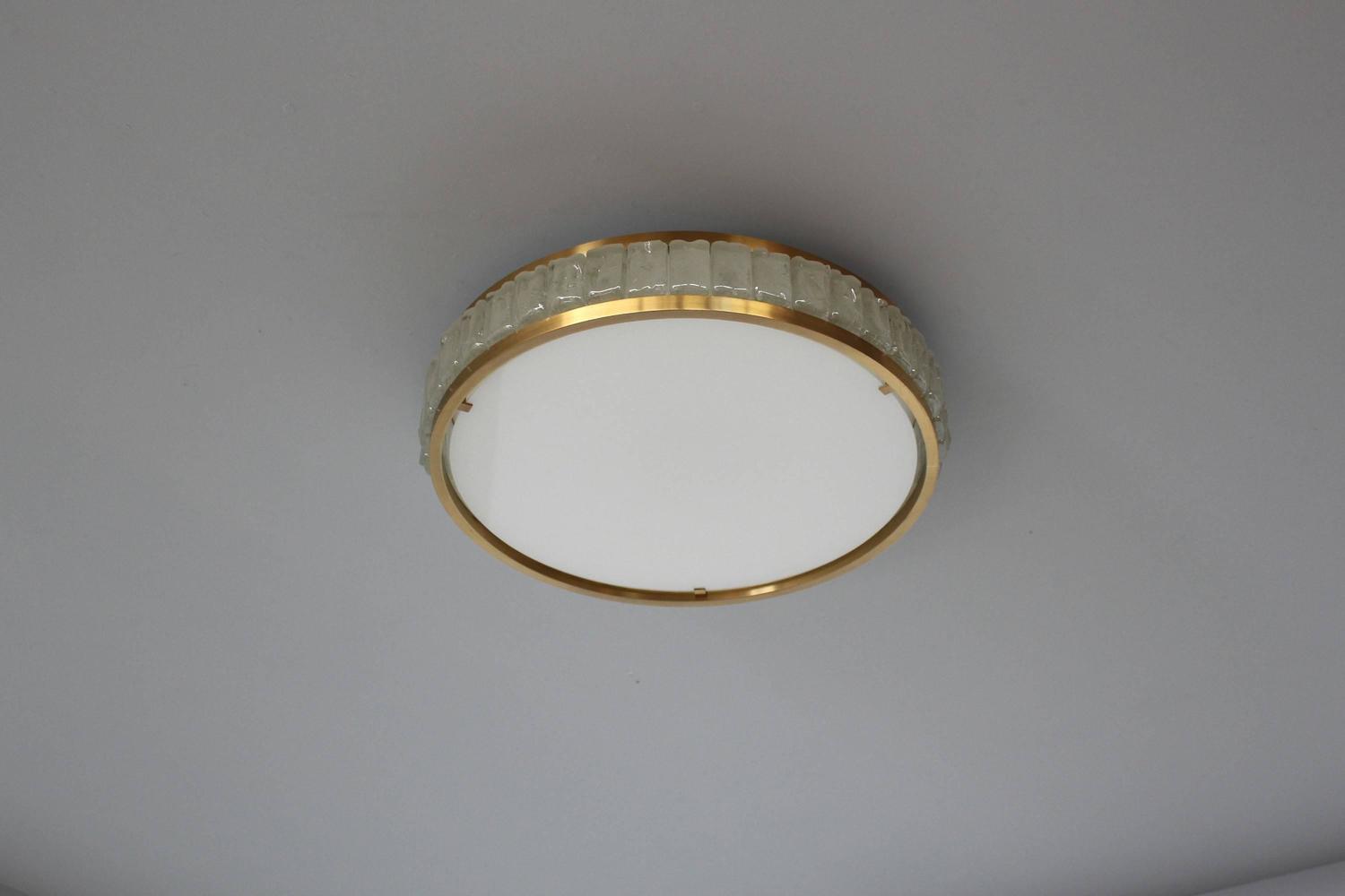 Two Fine French Art Deco Round Glass and Brass Flush Mount by Perzel - Image 8