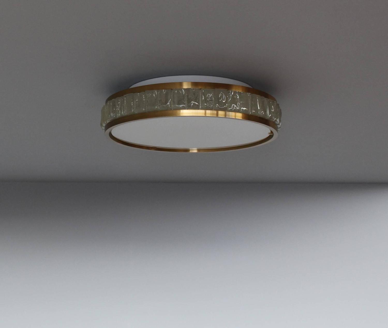 Two Fine French Art Deco Round Glass and Brass Flush Mount by Perzel - Image 2