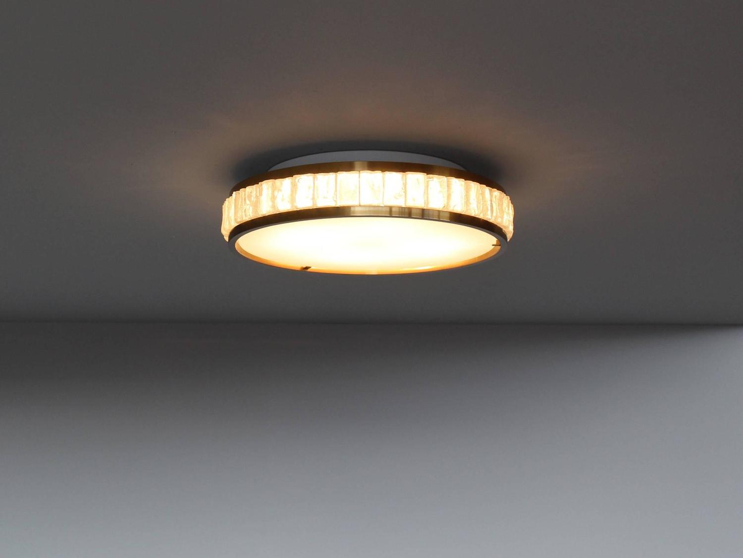 Two Fine French Art Deco Round Glass and Brass Flush Mount by Perzel - Image 3