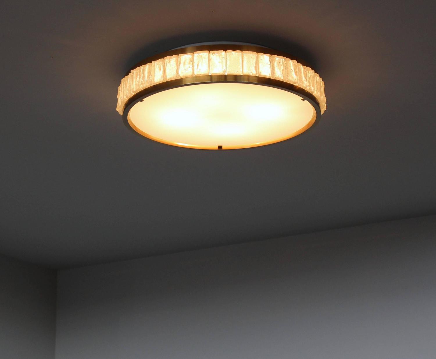 Two Fine French Art Deco Round Glass and Brass Flush Mount by Perzel - Image 4