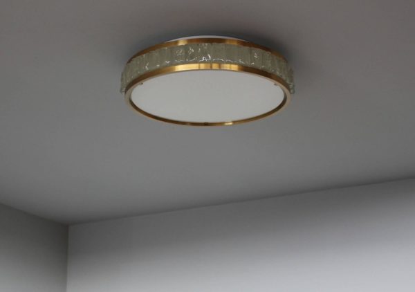Two Fine French Art Deco Round Glass and Brass Flush Mount by Perzel - Image 5