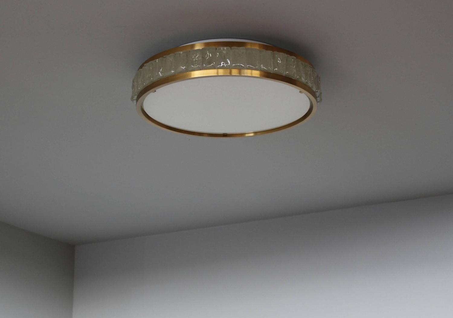 Two Fine French Art Deco Round Glass and Brass Flush Mount by Perzel - Image 5