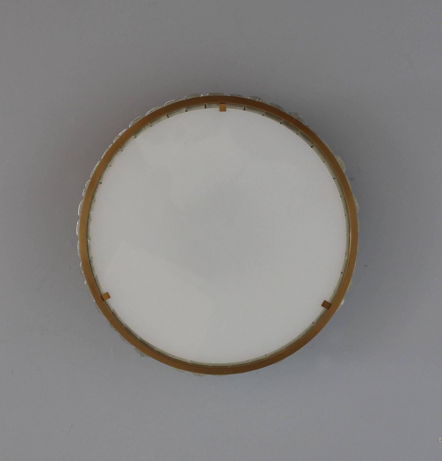 Two Fine French Art Deco Round Glass and Brass Flush Mount by Perzel - Image 6