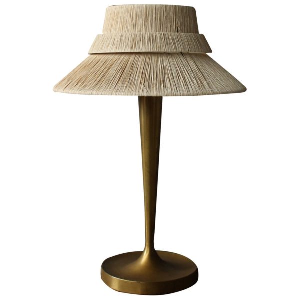A Fine French Art Deco Bronze and Raffia Table Lamp by Perzel
