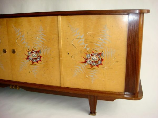 Fine French 1950s Sycamore and Rosewood Sideboard with Original Painted Doors - Image 5