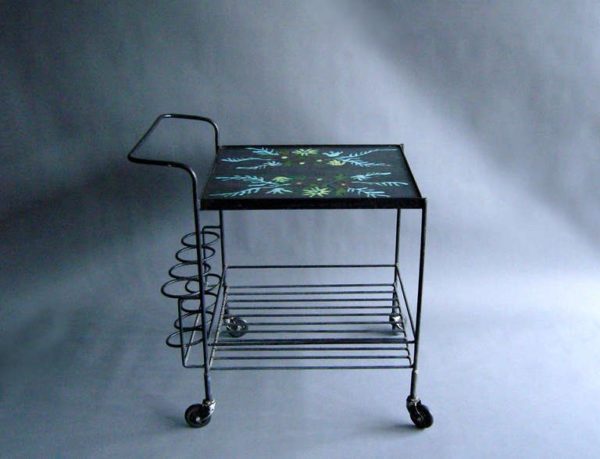 A French 1950's Wrought Iron and Enameled Stone Rolling Cart - Image 2