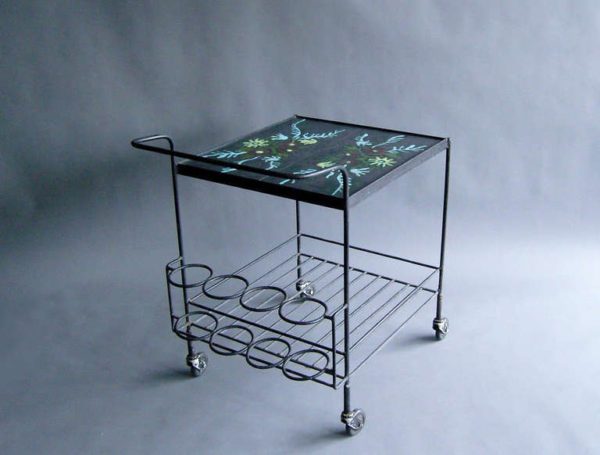 A French 1950's Wrought Iron and Enameled Stone Rolling Cart - Image 3