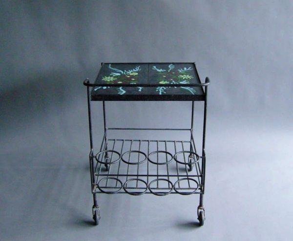 A French 1950's Wrought Iron and Enameled Stone Rolling Cart - Image 4