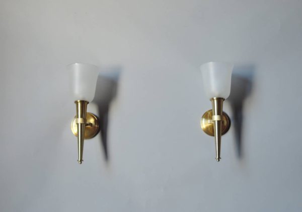 Pair of French 1950's Bronze and Glass "Torch" Sconces by Jean Perzel - Image 2