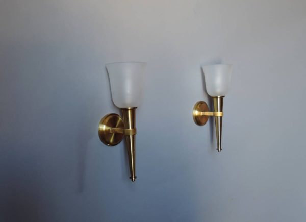 Pair of French 1950's Bronze and Glass "Torch" Sconces by Jean Perzel - Image 3