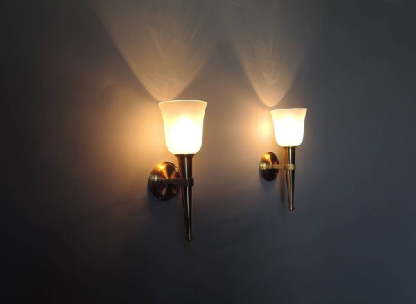 Pair of French 1950's Bronze and Glass "Torch" Sconces by Jean Perzel - Image 4