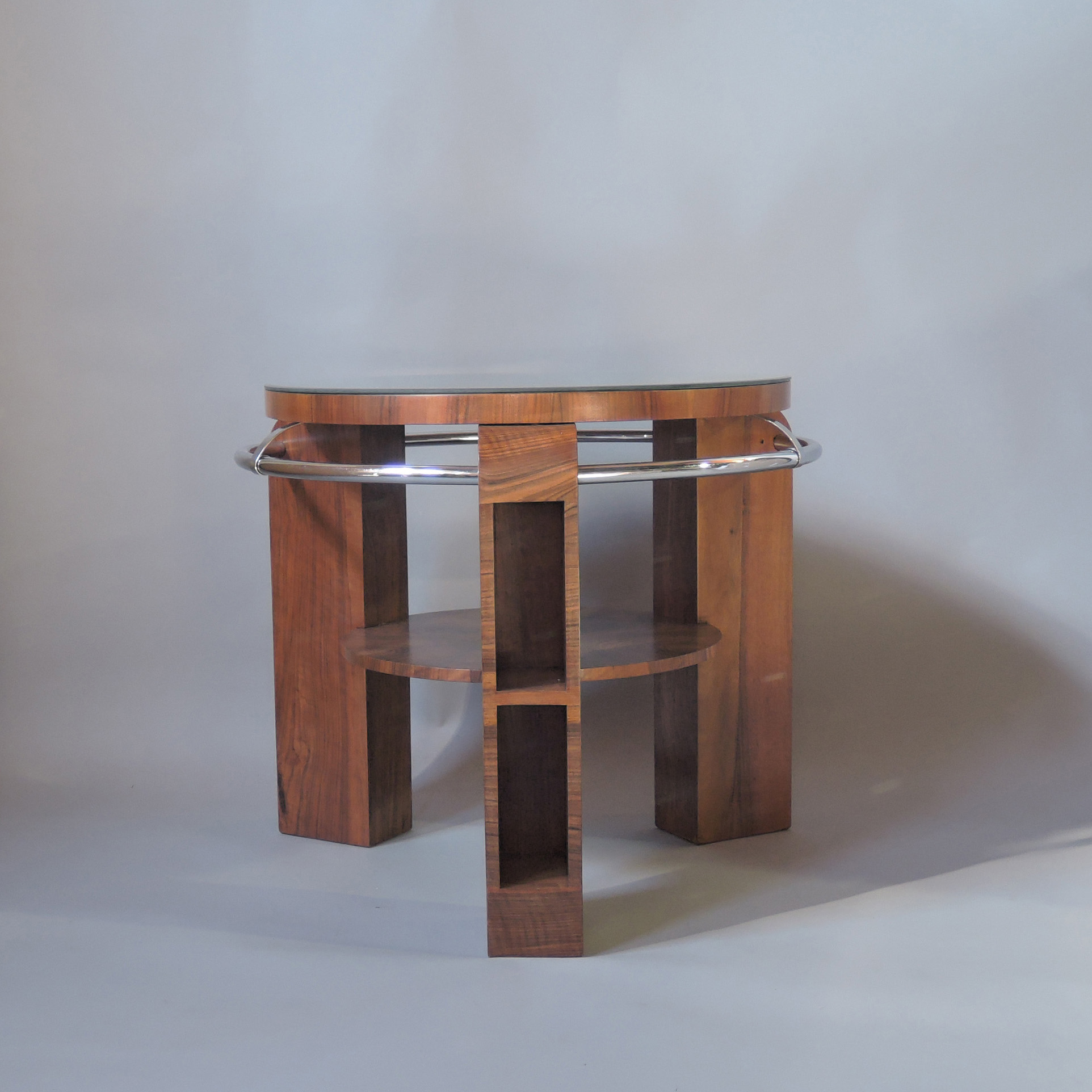 A Fine French Art Deco Walnut and Chrome Two-Tiered Gueridon - Image 2