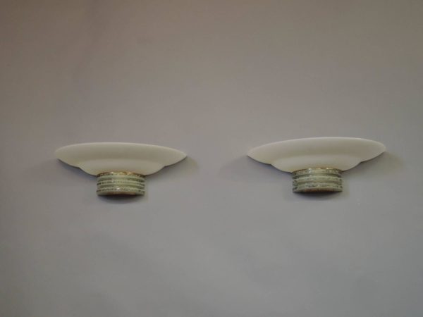 Pair of Fine French Art Deco Glass and Brass Sconces by Jean Perzel - Image 2