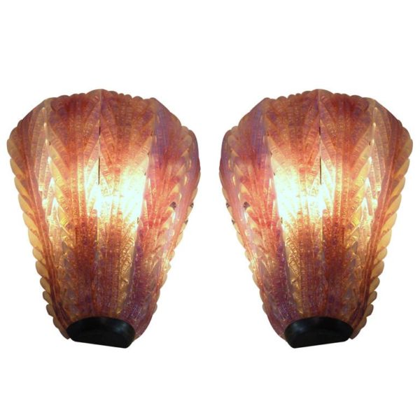 A Pair of Italian Hand Blown Glass and Brass Murano Sconces