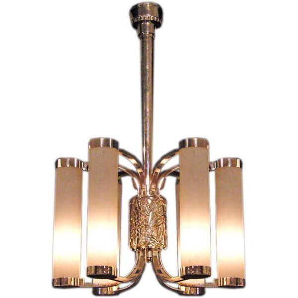 Fine French Art Deco Chrome and Glass Chandelier by Petitot