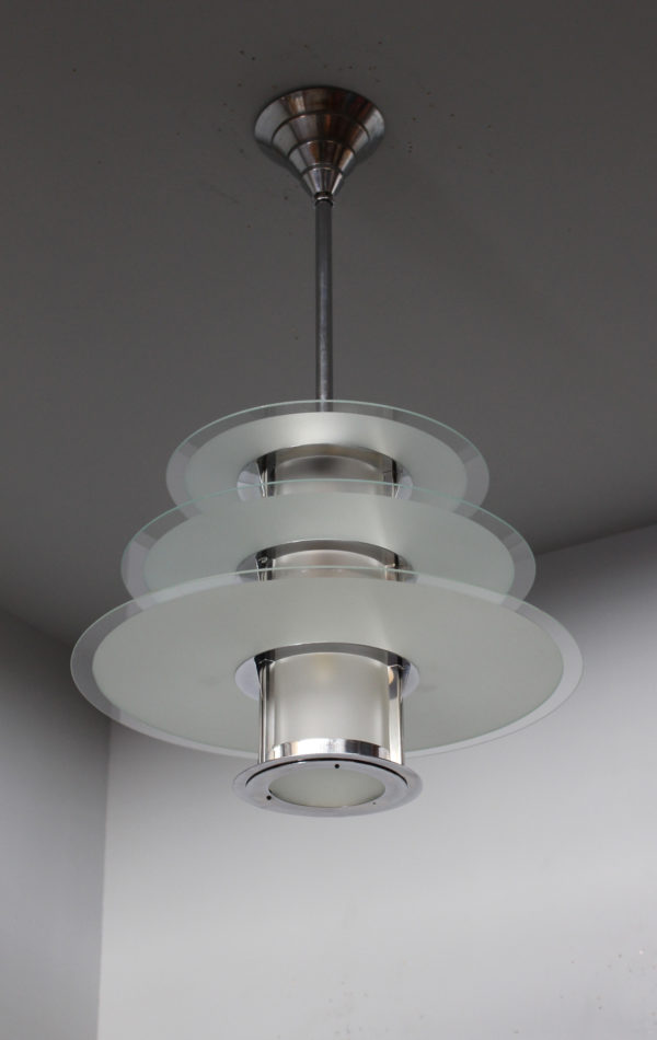 A Fine French 1930's Modernist Chrome and Glass Chandelier by Genet et Michon - Image 10