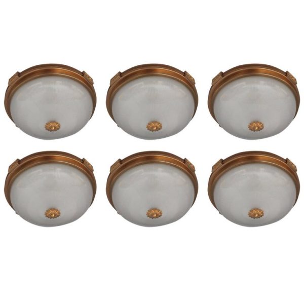 Six French 1940's Gilded Brass Flush Mounts Six French 1940's Gilded Brass Flush Mounts